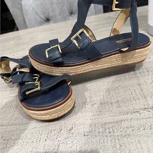 Michael lot Espadrille Platform Sandals - Navy with Gold Buckles